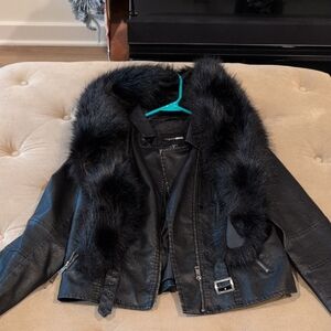 Fashion Nova Black Leather Jacket with Faux Fur Trim